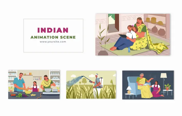 Traditional Indian Cultural Flat Cartoon Avatar Animation Scene